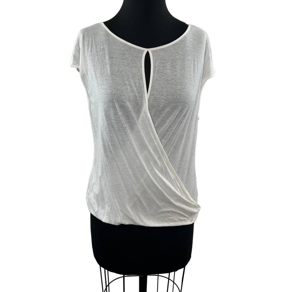 THEORY Diona Off White Short Sleeve Faux Wrap Crossover Blouse Top Size L